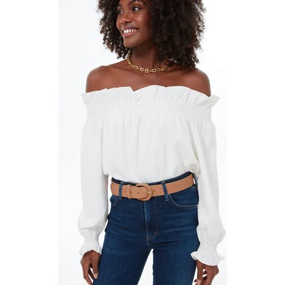 Tuckernuck Sky Blue‎ Ruffled Off-The-Shoulder Marguerite Blouse Size Small - Picture 9 of 10